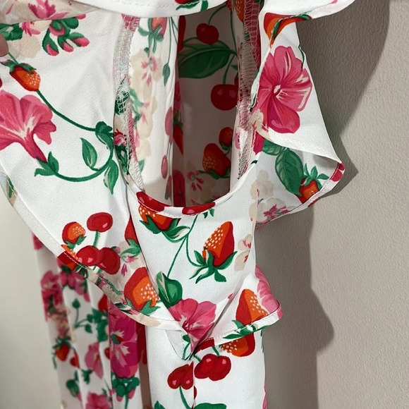 NWOT Ann Taylor Petite Floral Strawberry Mixed Media Ruffle Sleeve Tie Neck XXSP - Picture 8 of 16